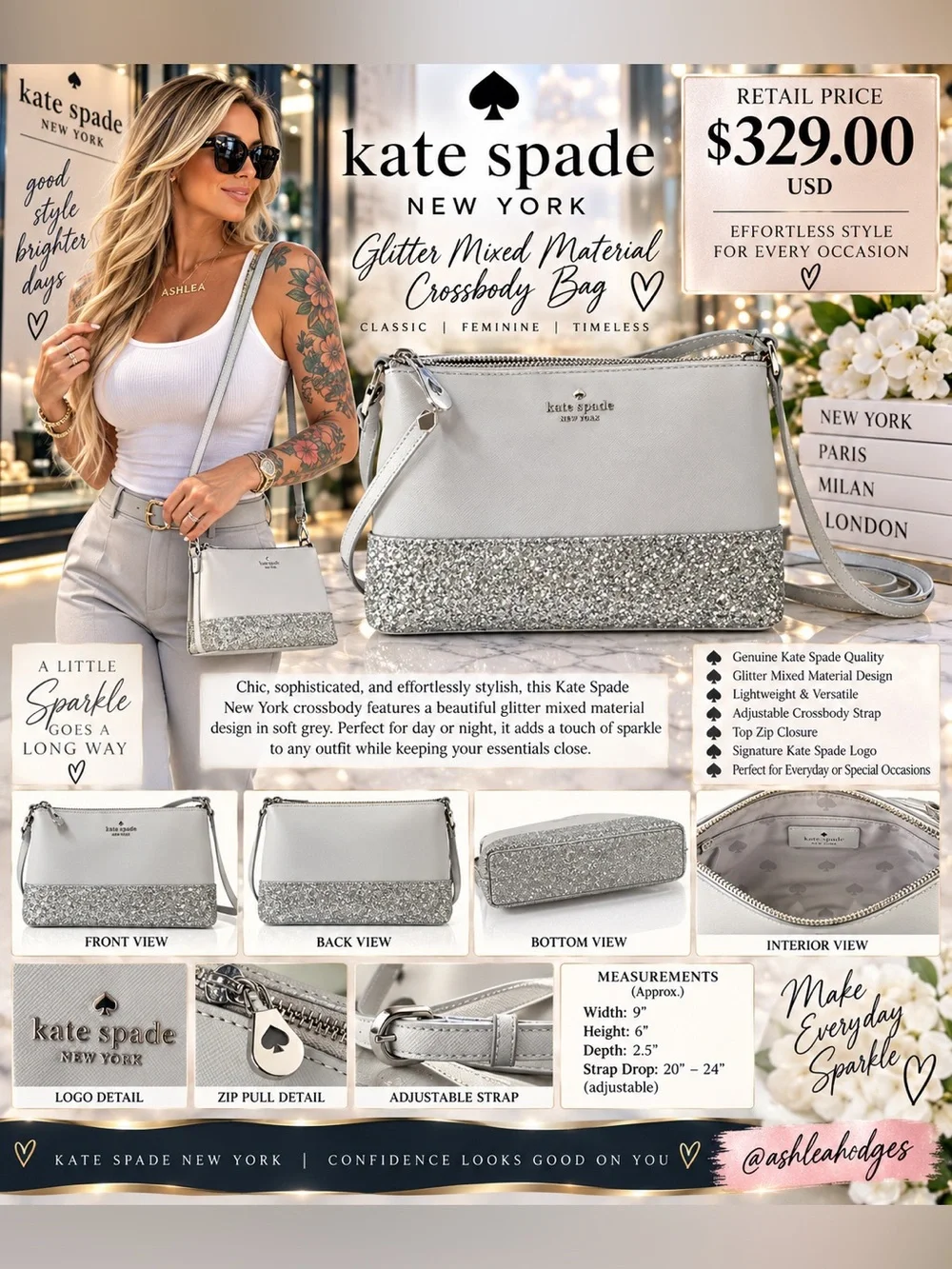 kate spade Silver and Light Grey Glitter Mixed-Material Crossbody Bag NWT